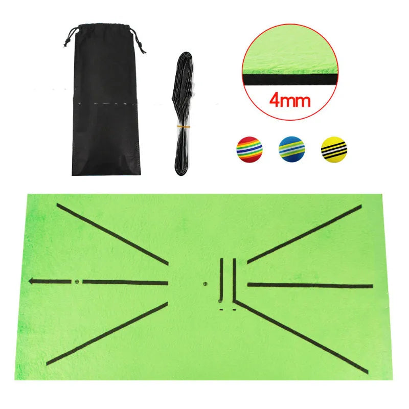 Indoor golf practice cutting pad with crystal swan suede surface and three rainbow balls on SBR base