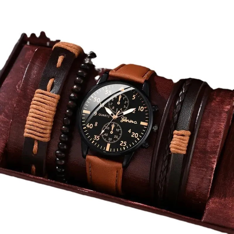 Men's canvas quartz watch and bracelet set with three eye dial, 11mm thick, shown with three bracelets and gift box
