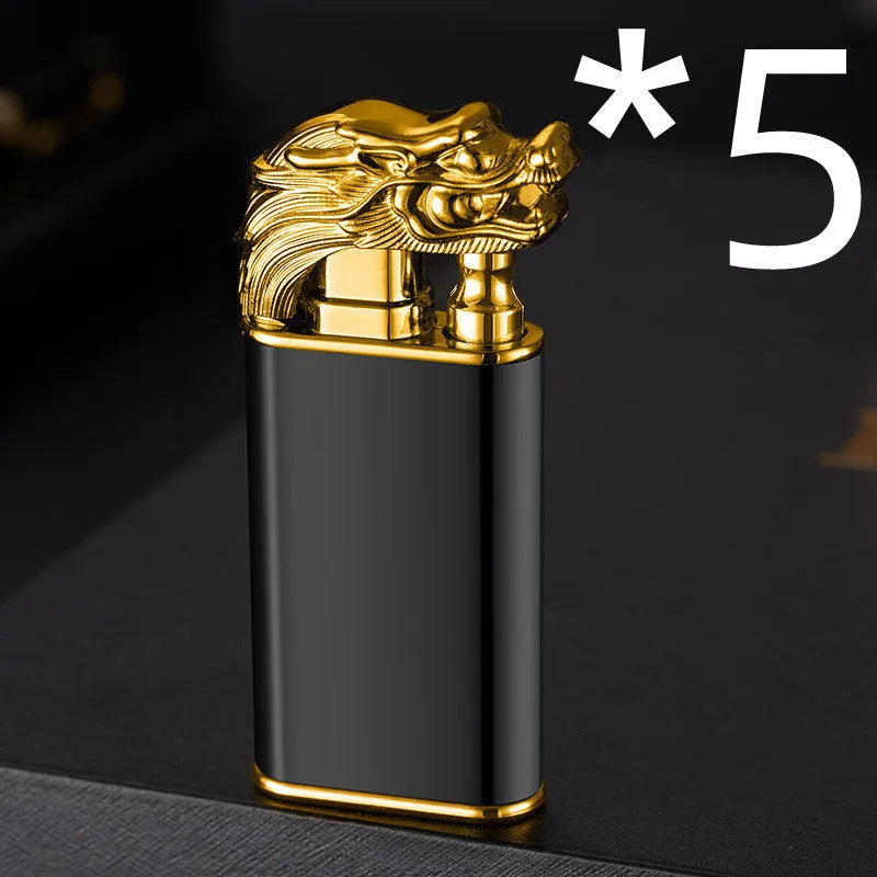 Creative blue flame lighter with windproof double fire and novelty dragon design, metal body