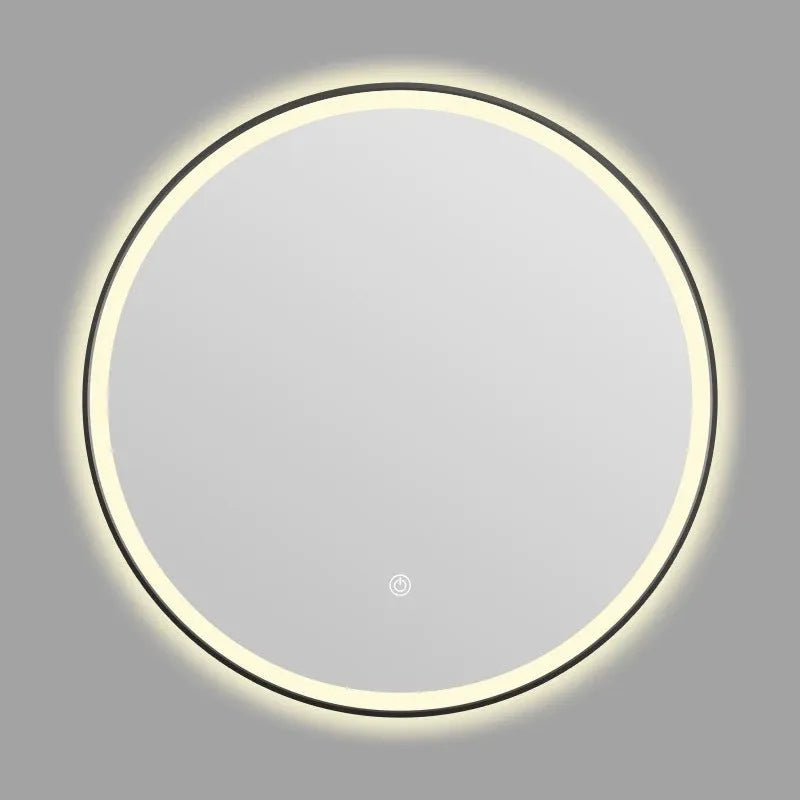 Round black aluminium framed wall mirror with integrated LED lighting and touch controls.
