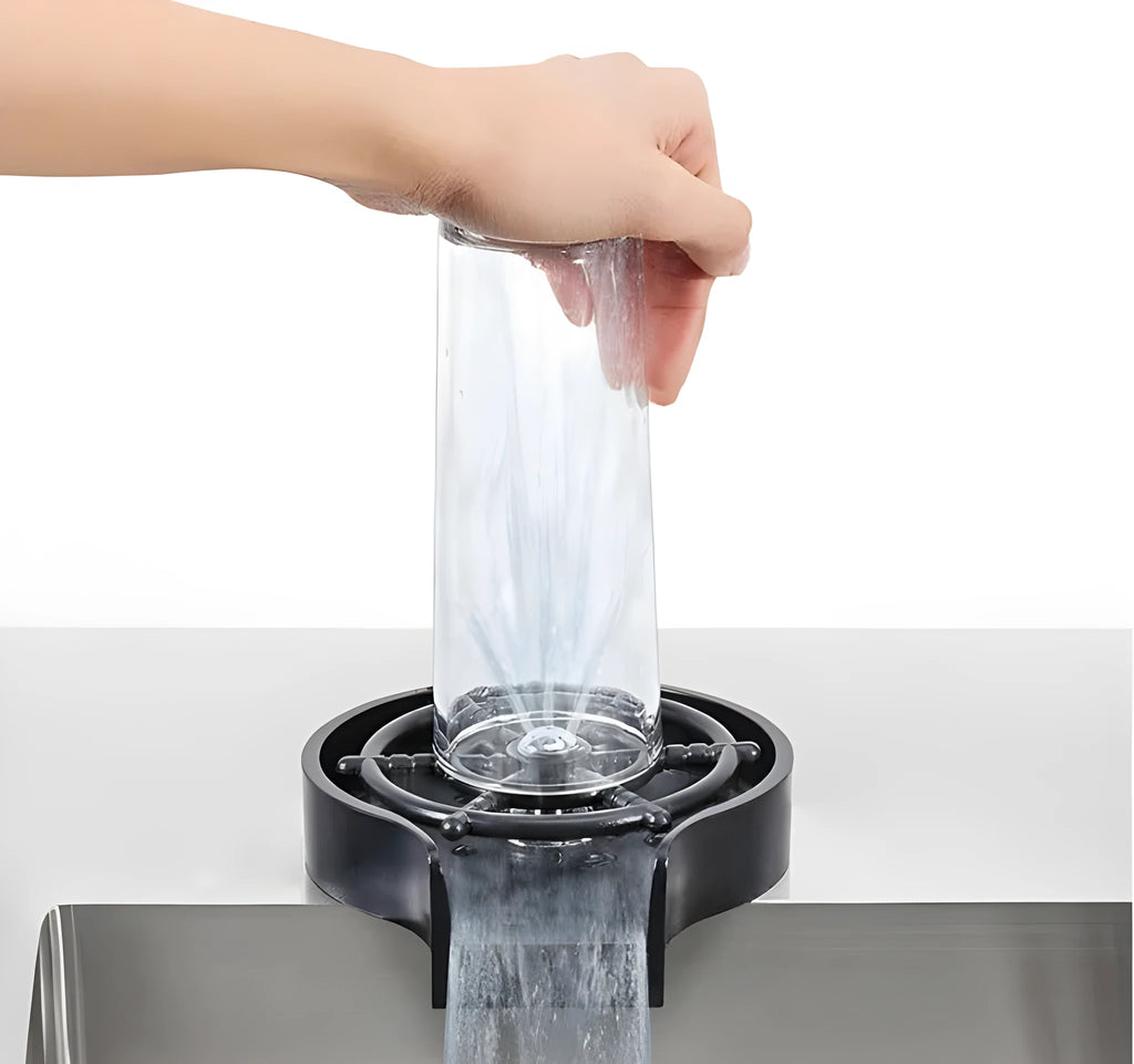 Stainless steel high pressure automatic glass washer on a black ABS plastic base.