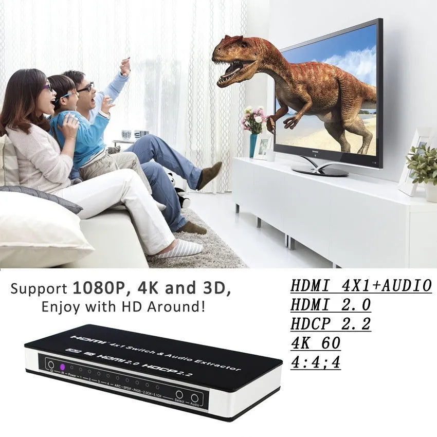 Black HDMI audio separation switch with four inputs and one output, remote control, and UK power adapter