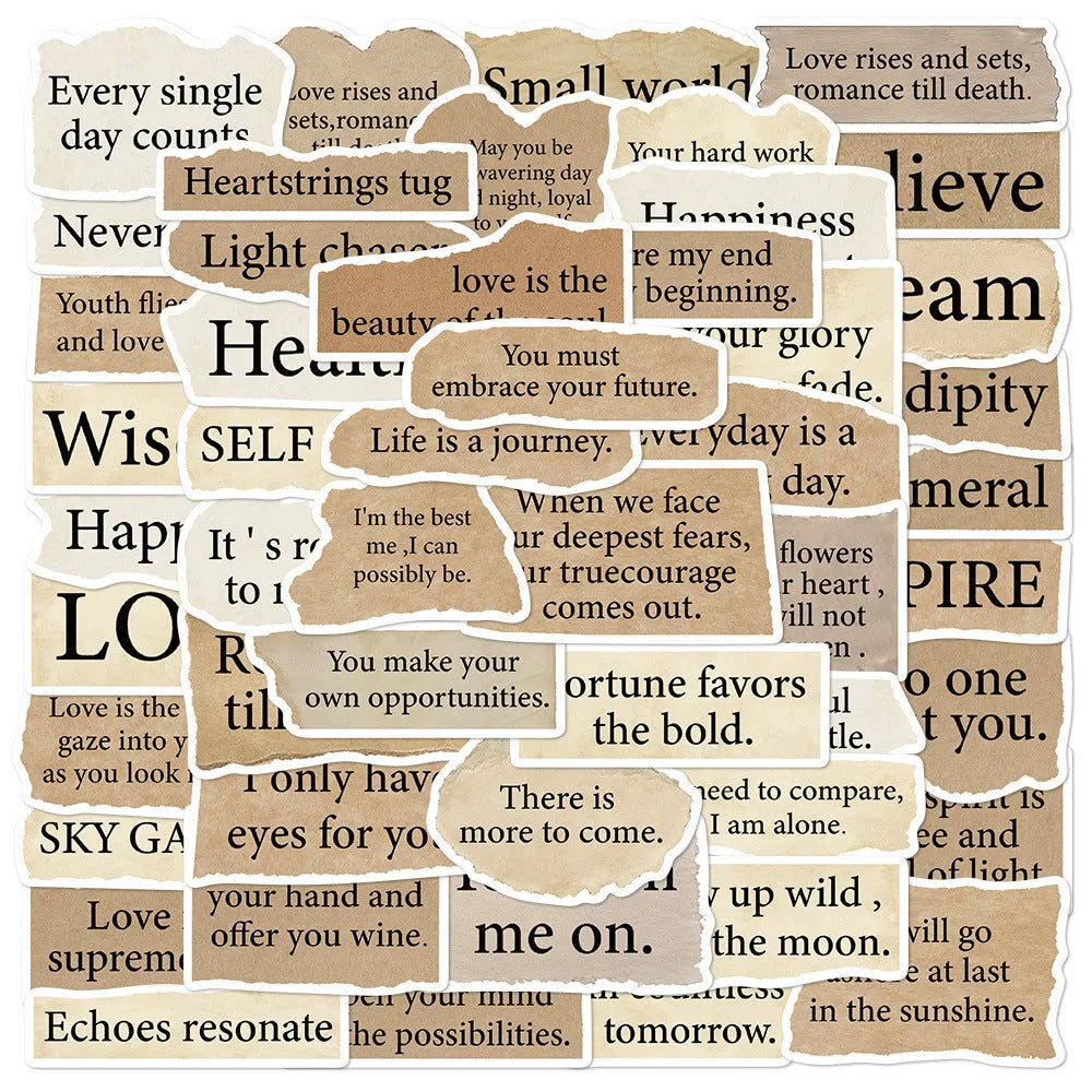 Set of 25 torn English design decorative stickers for laptops and notebooks.