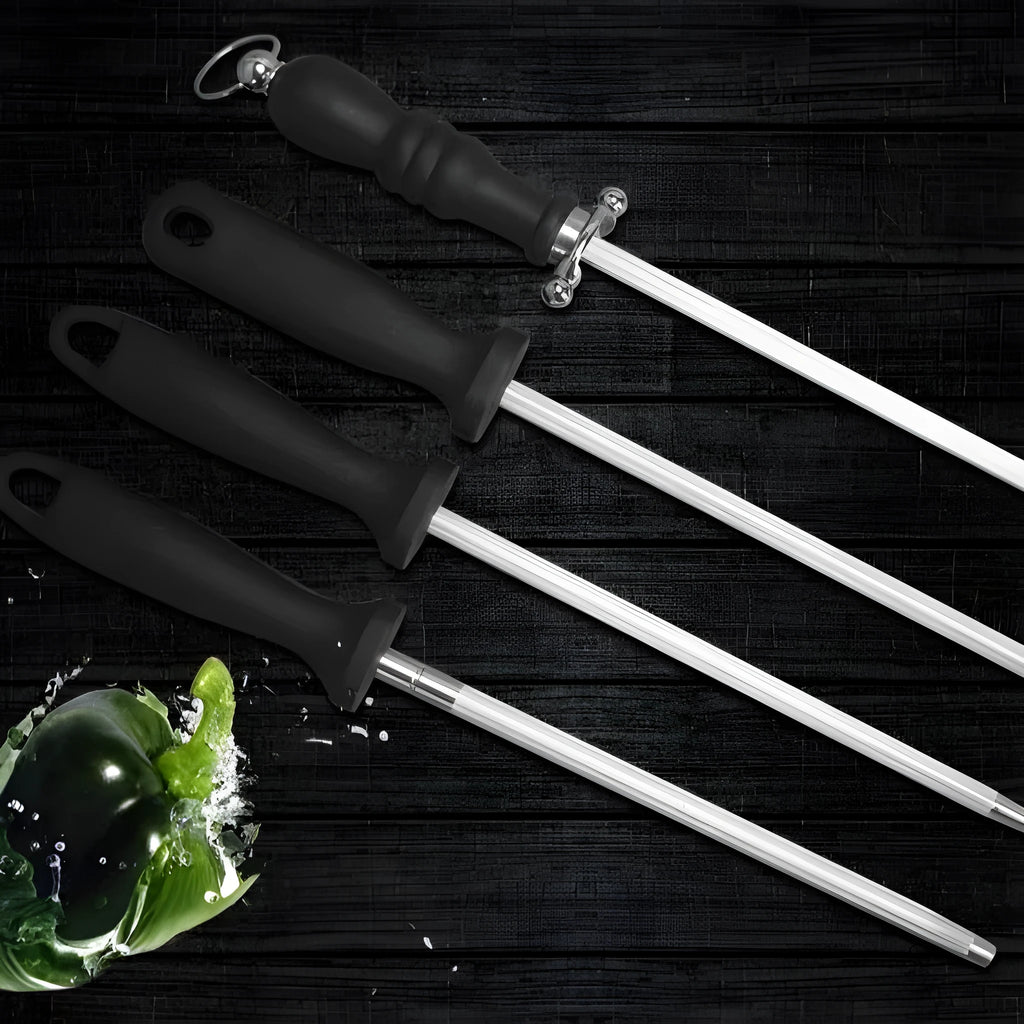 High carbon steel kitchen sharpening steel with multi-functional design for blade honing