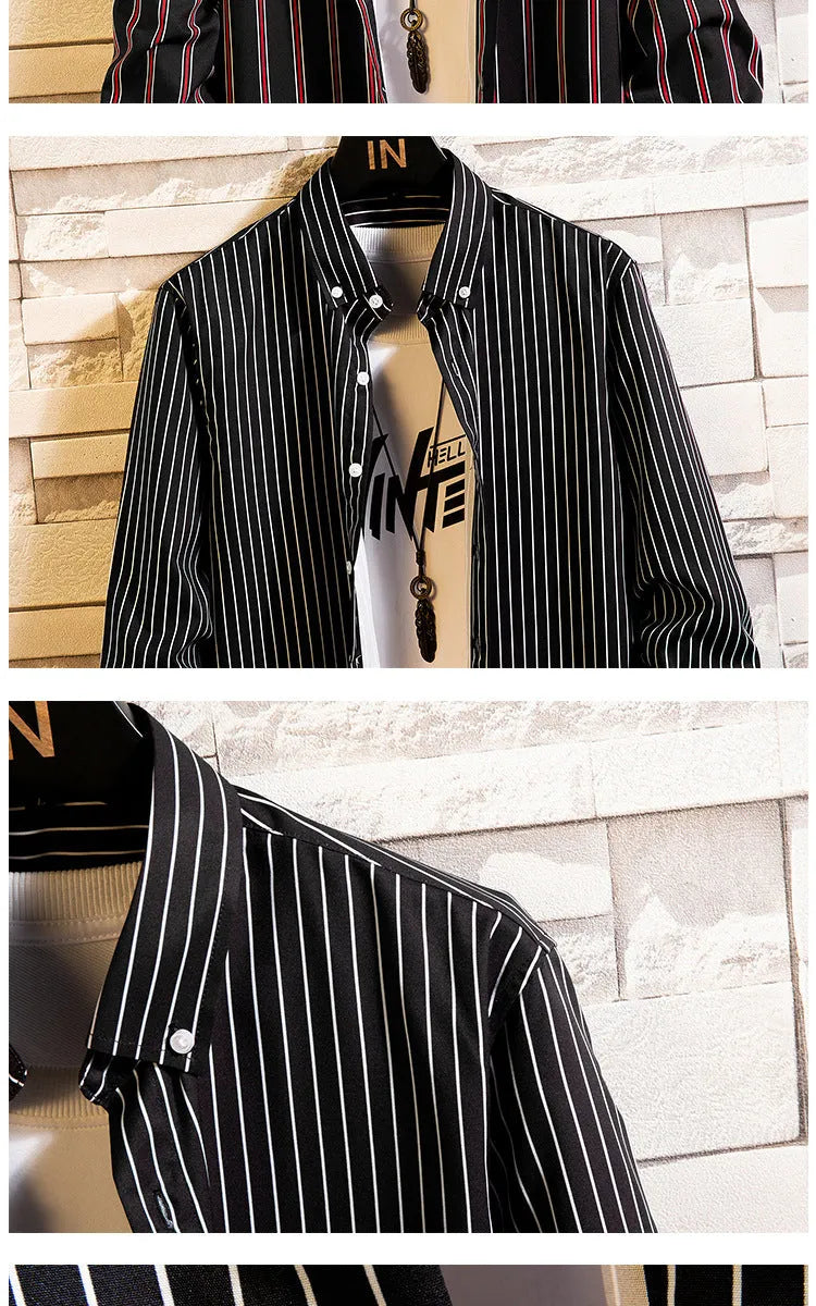 Men's casual striped polyester slim fit cardigan with pointed collar in black and red