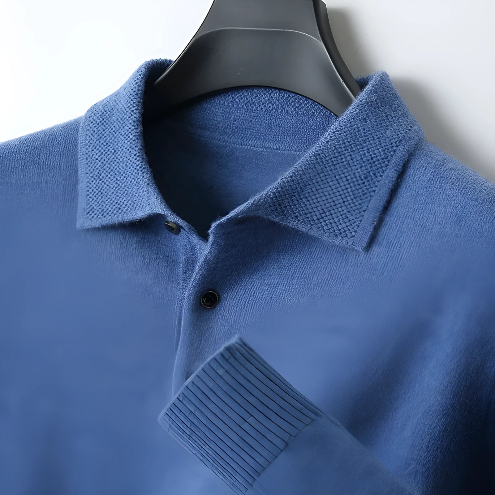 Men's woolen pullover sweater with a polo collar, shown in one of seven available colours.