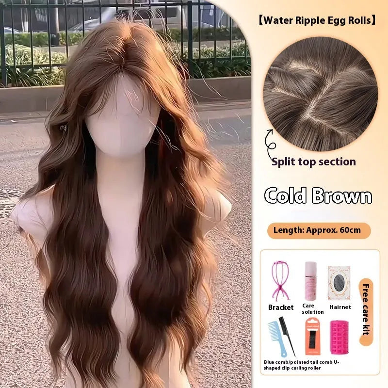 Full-head long curly artificial hair wig with side bangs in brown colour options