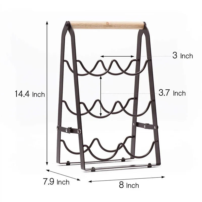 Iron desktop wine rack black with two wine bottles on kitchen countertop