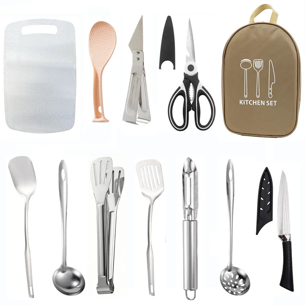 12-piece stainless steel picnic kitchenware set with knives, forks, spoons in portable storage bag