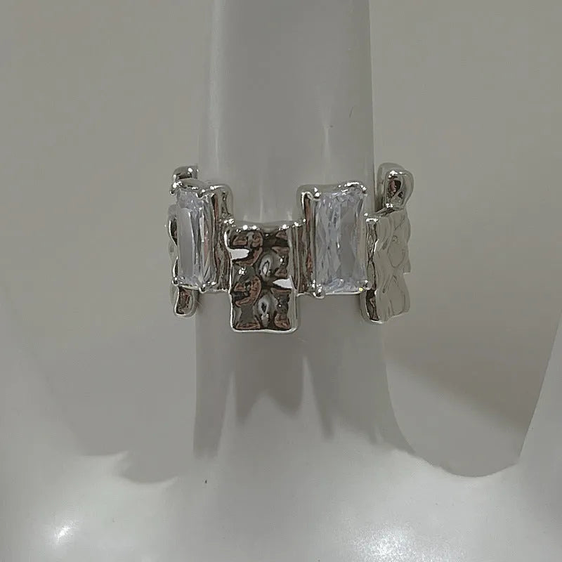 Silver geometric open ring with three-dimensional retro decoration
