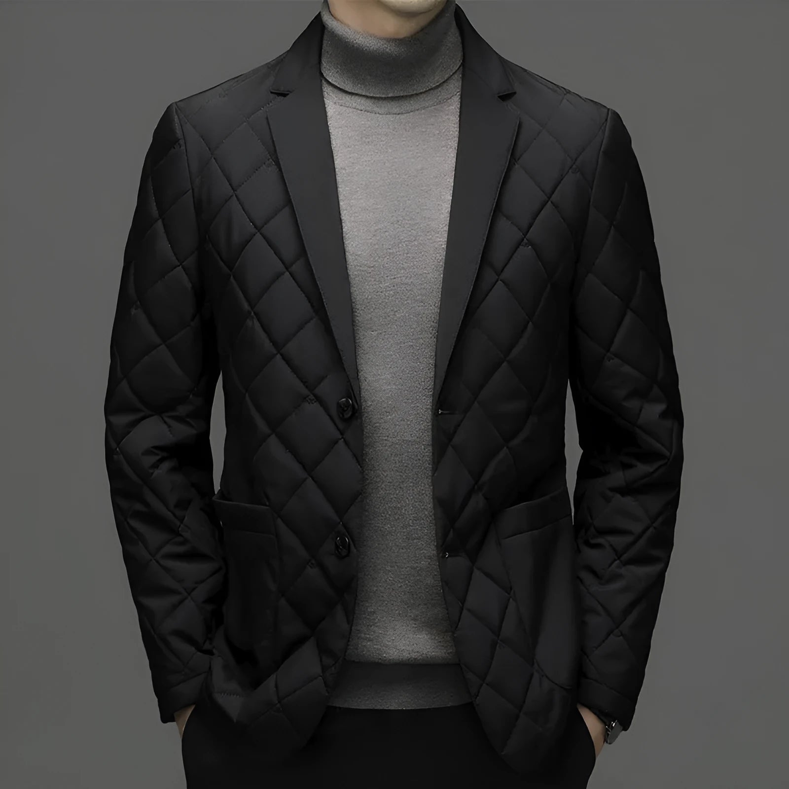 Men's black lapel-style thickened down jacket with side seam pockets on a mannequin.