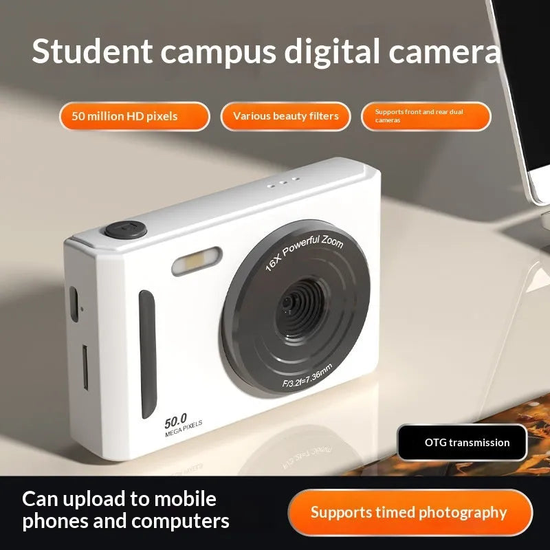 CCD student camera with dual front and rear cameras, HD screen, available in pink and black colours