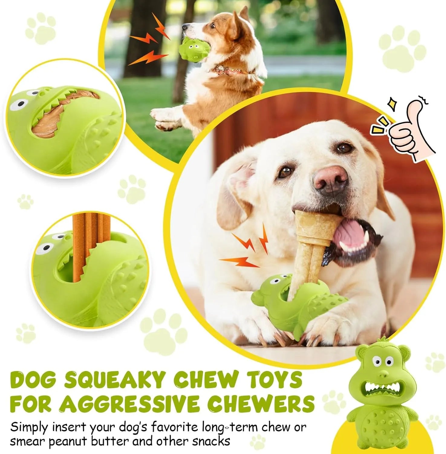 Green and yellow thick natural rubber squeaky dog chew toy for large breed aggressive chewers.