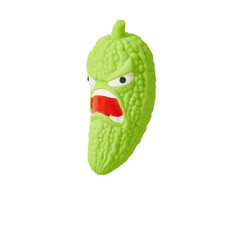 Dog chew toy with pet sound mechanism in bitter melon and chili designs for teeth cleaning