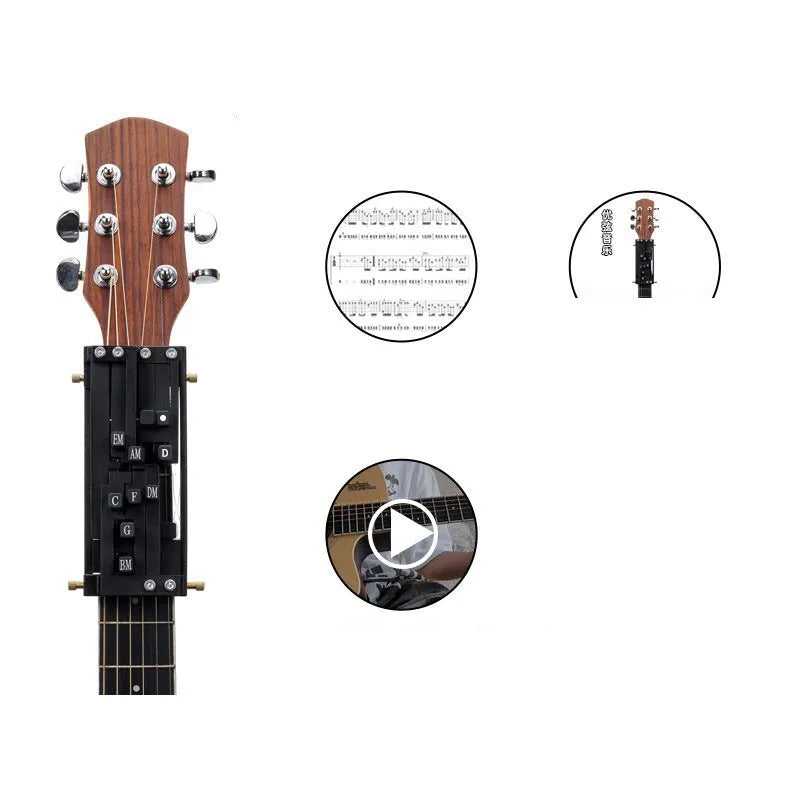 Black automatic chord changer device for folk guitar with 2024 double chord mechanism.