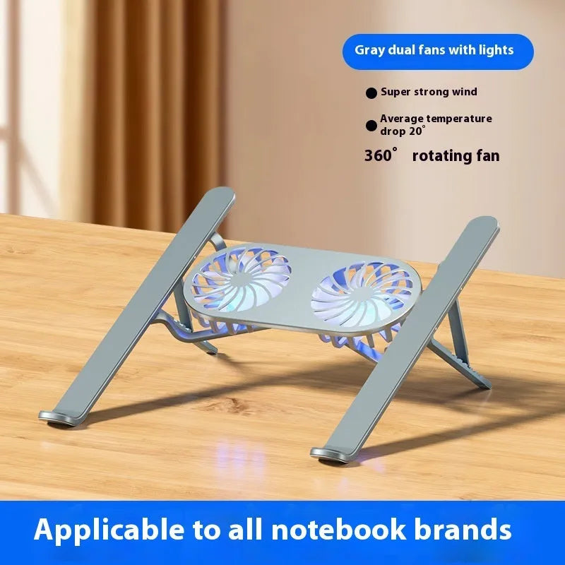 Silver aluminium laptop stand with twin cooling fans in folded position beside cloth storage bag