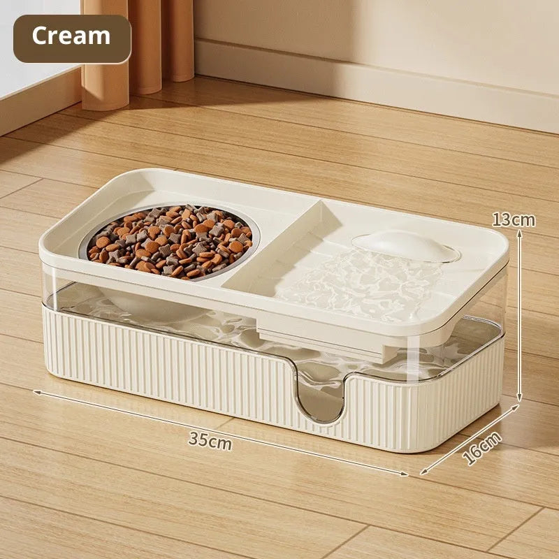 Automatic cat water fountain in cream colour with stainless steel drinking area and PP body