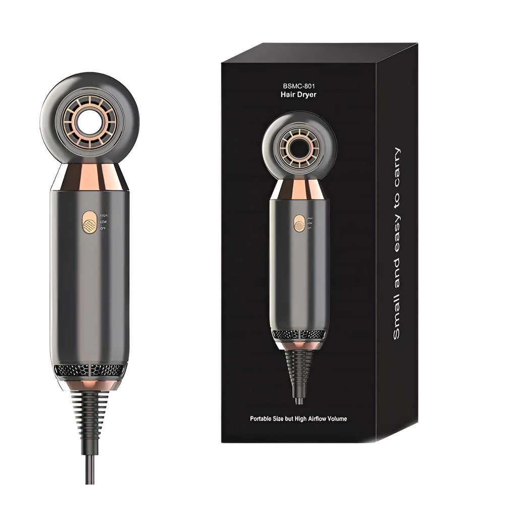 Compact white hair dryer with concentrator diffuser attachment showing 20cm length