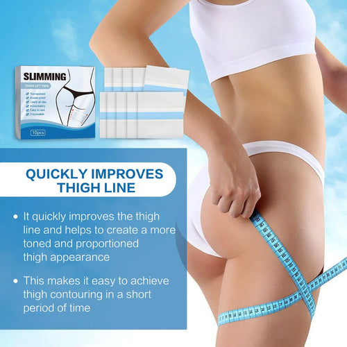 Box of 10 body shaping patches for navel area, each measuring 12cm square with hyaluronic acid and collagen ingredients