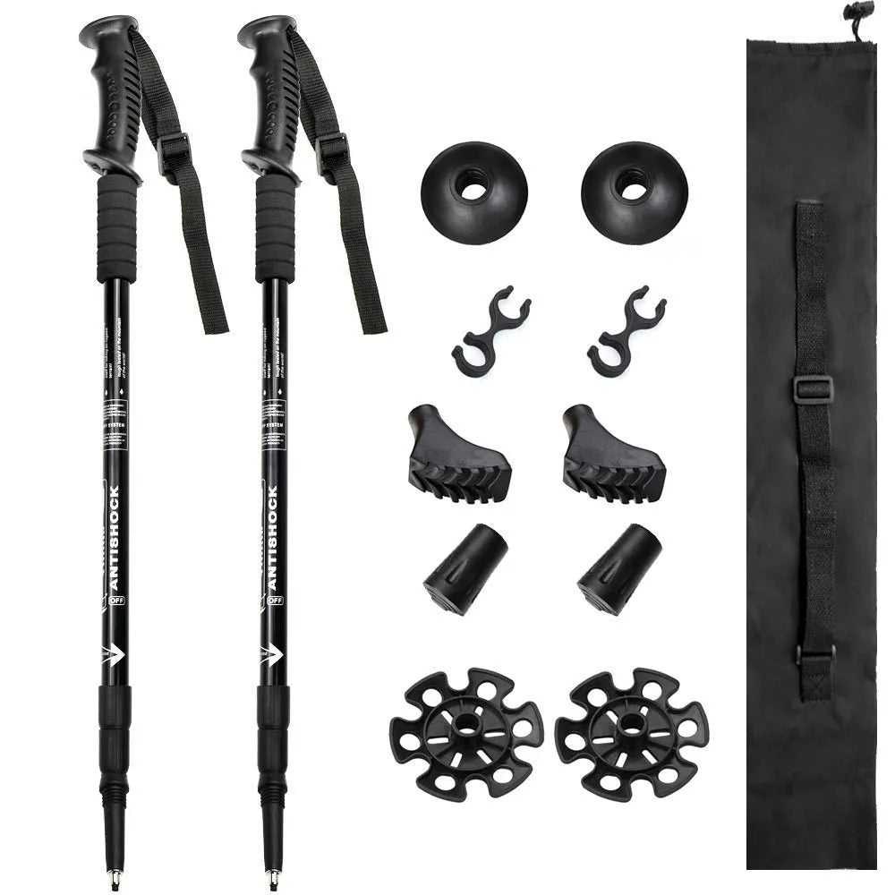 A pair of adjustable aluminium trekking poles with a three straight handle, shown with mud supports, snow holders, and foot covers.