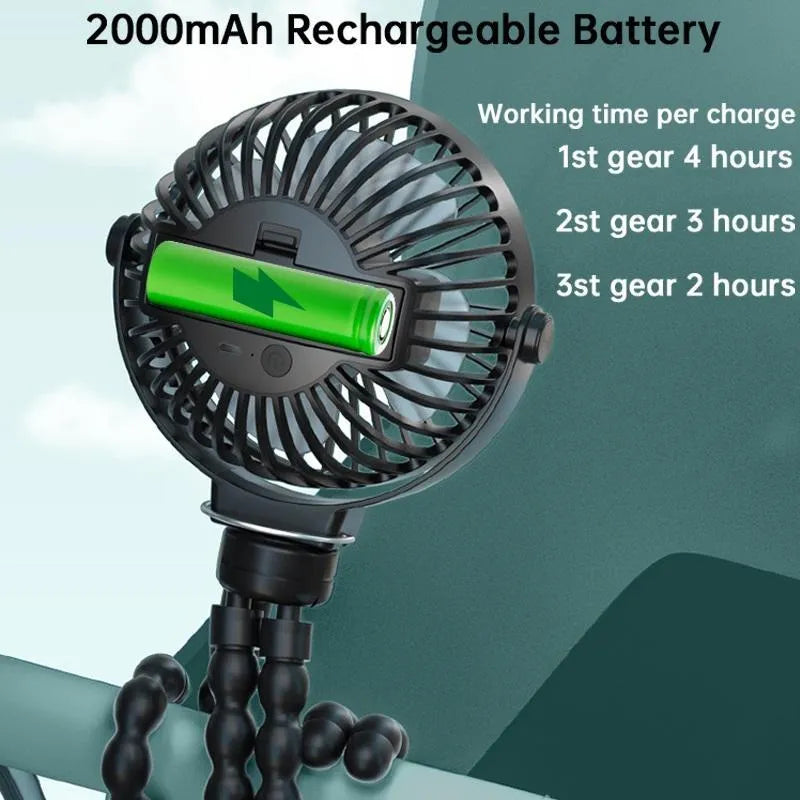 Black flexible tripod clip-on portable fan with 3 speed buttons and rotating head