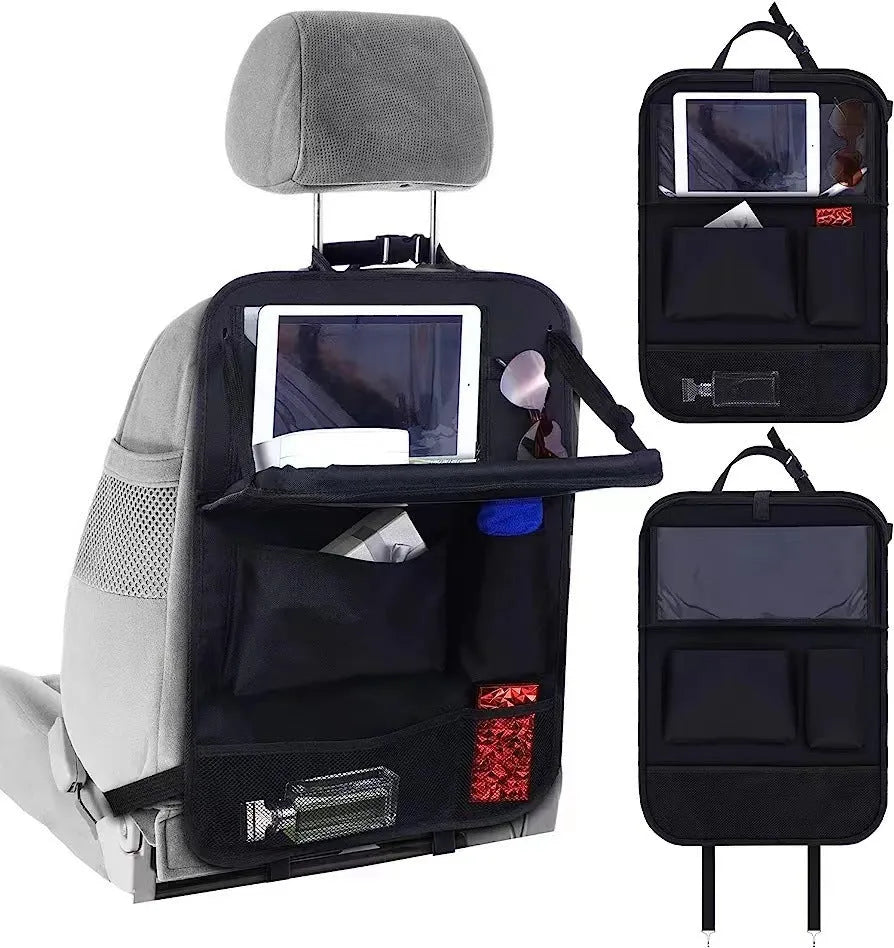 Black oxford cloth car seat back storage bag with hanging straps for organisation.