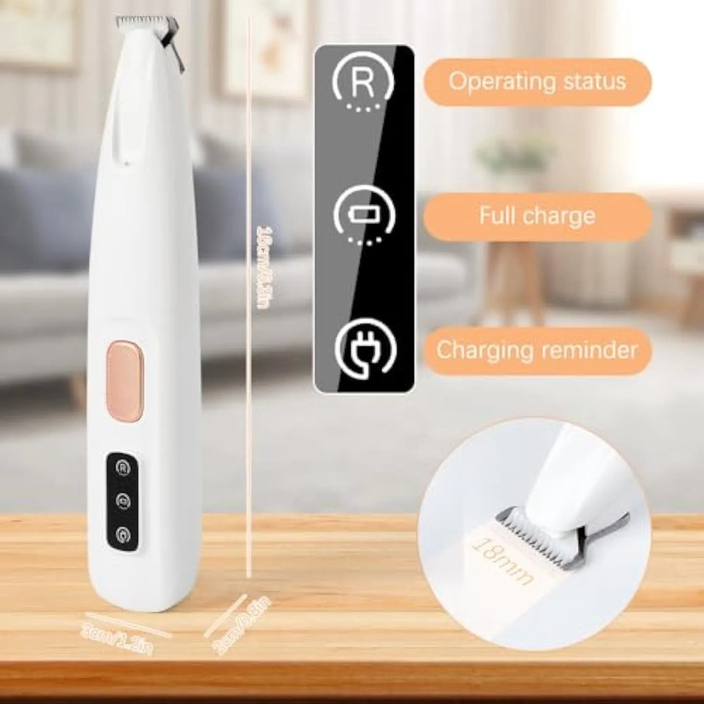 White rechargeable electric dog paw trimmer with LED light showing 17.7cm length