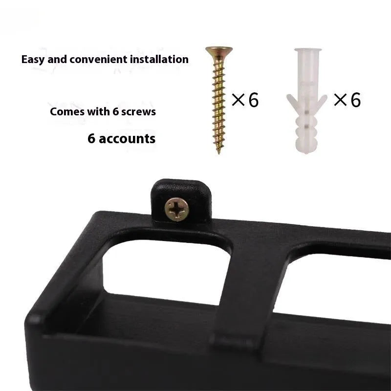 Black ABS plastic wall-mounted fishing rod holder shown in upright and horizontal styles.