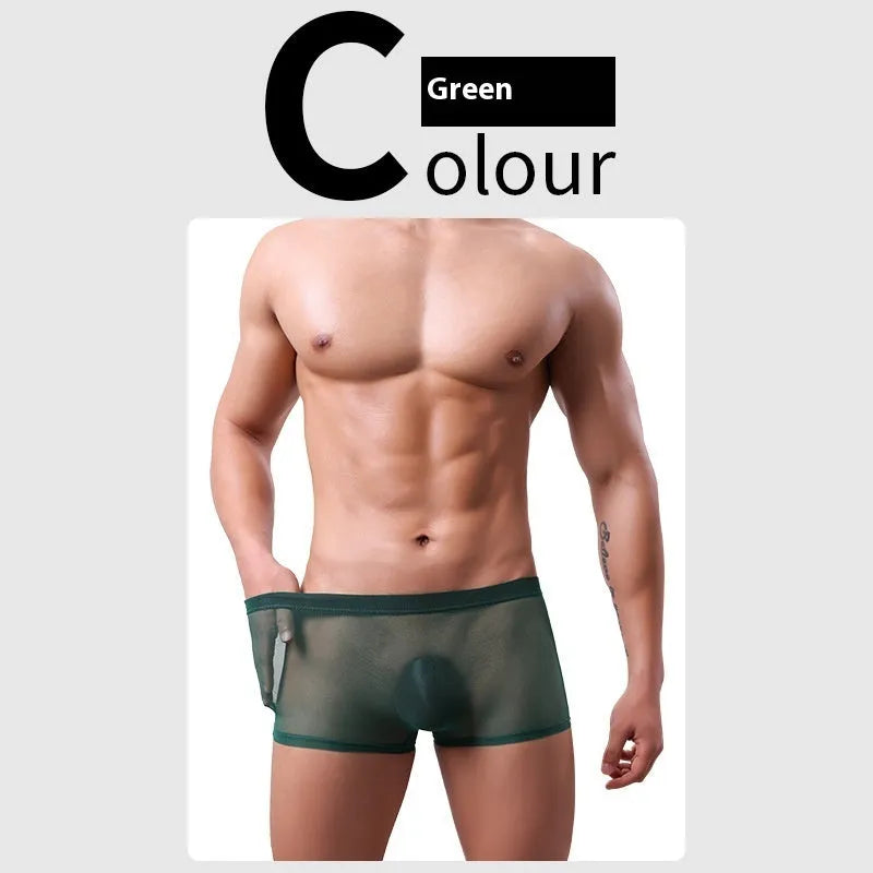Men's low-waist mesh boxer briefs in black, white, green, blue, skin colour and pink colours