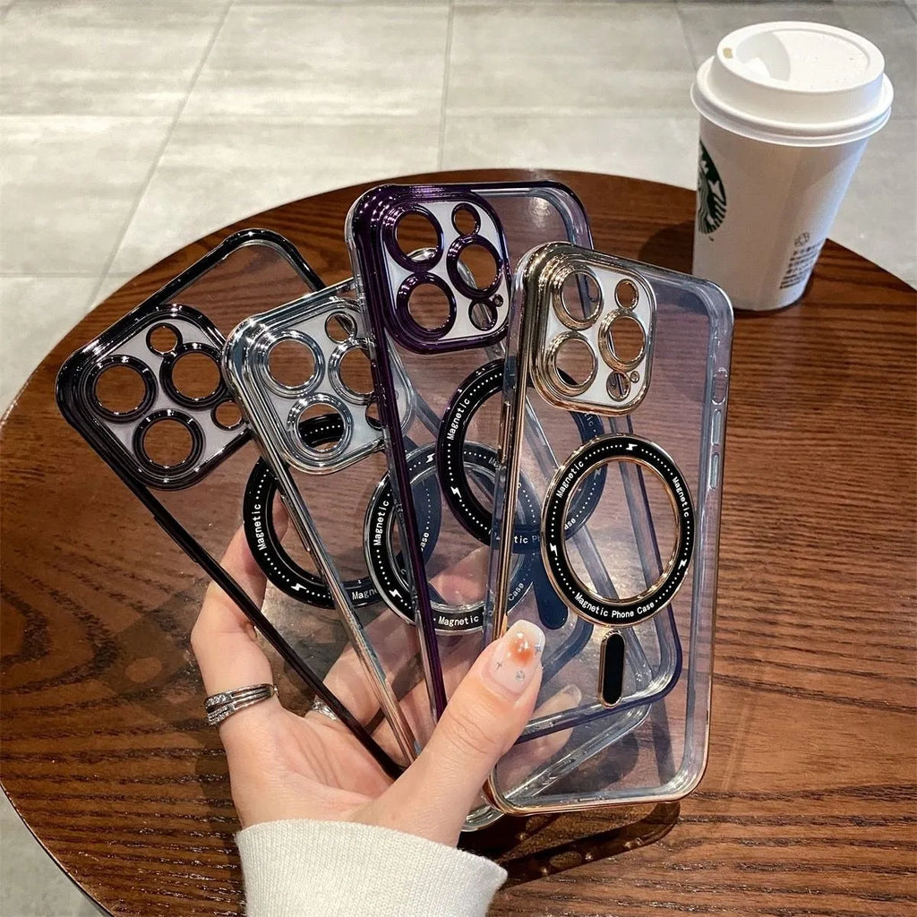 Transparent magnetic silicone iPhone case with electroplated finish and all-inclusive lens frame