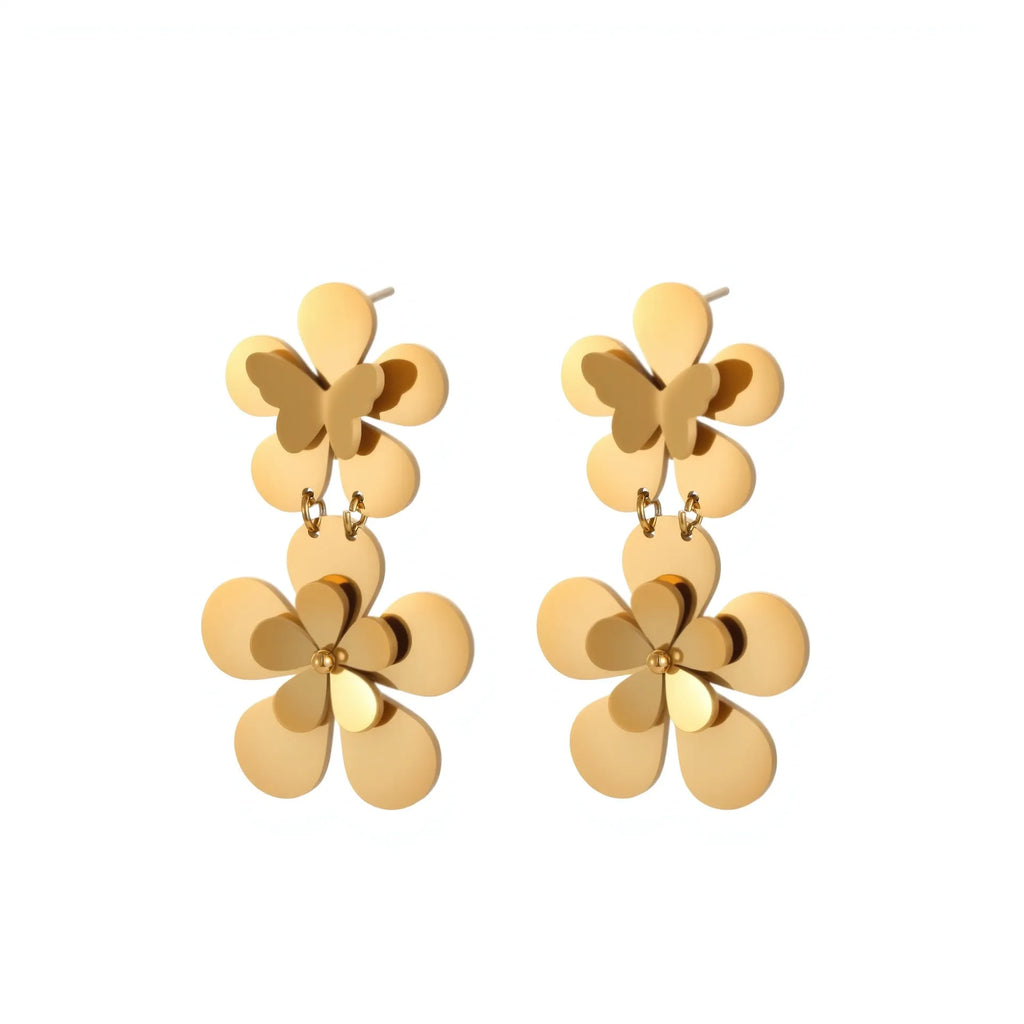 Gold flower butterfly stainless steel earrings with 18K electroplating finish