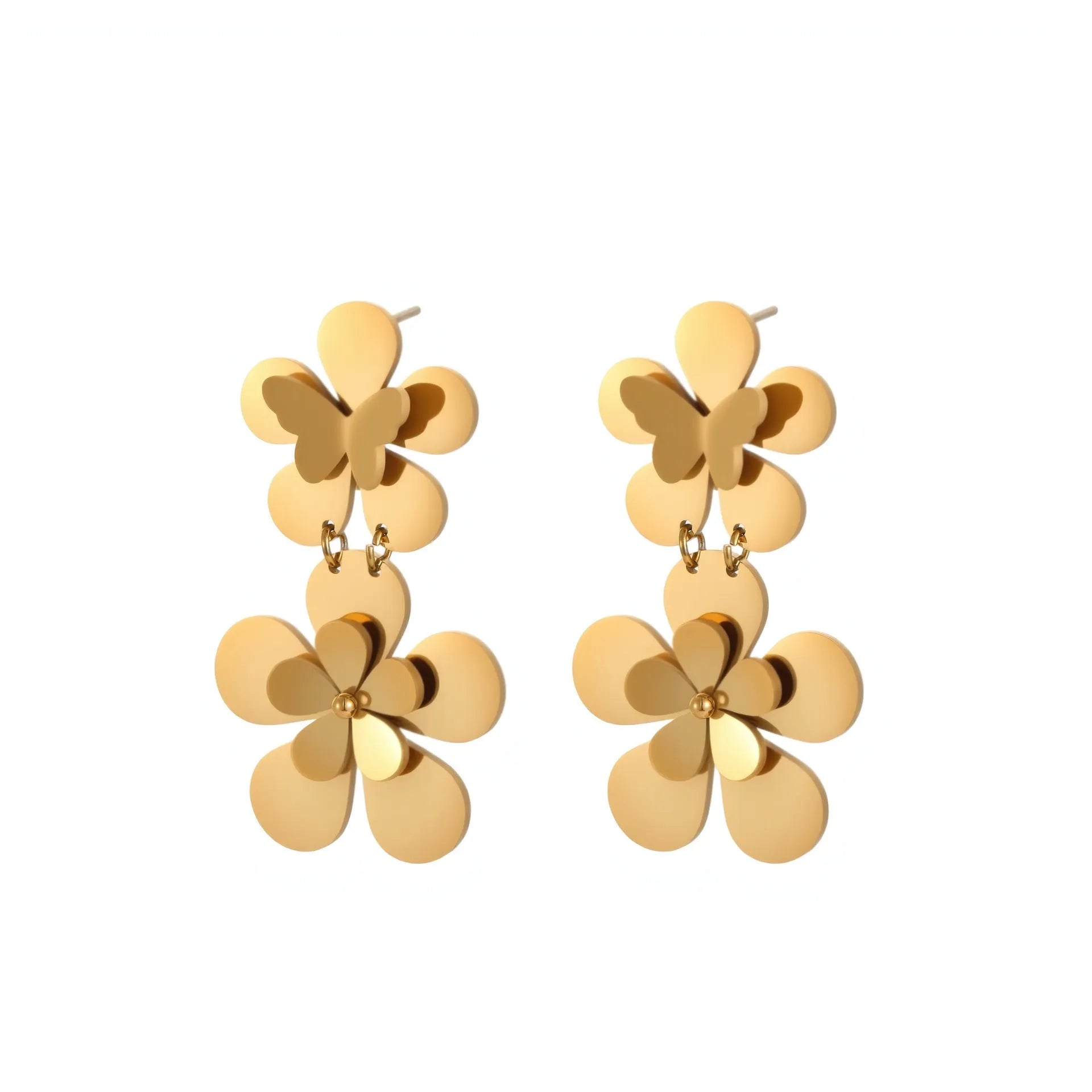 Gold flower butterfly stainless steel earrings with 18K electroplating finish