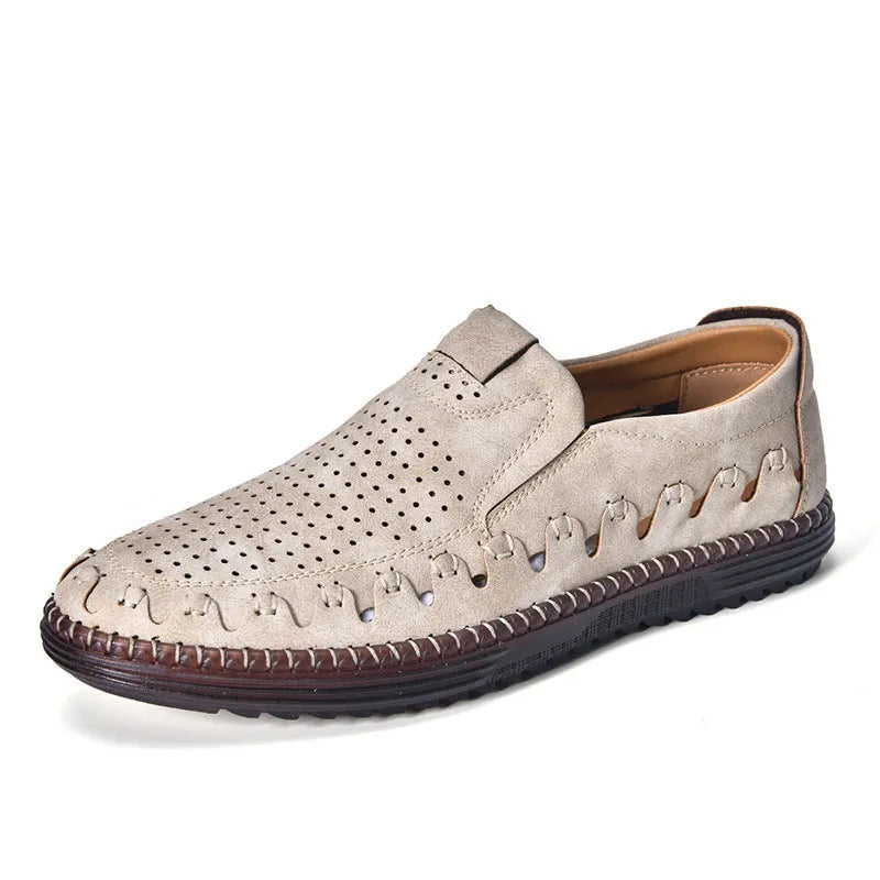 Men's brown slip-on casual shoes with round toe, sewing line detail, and flat PVC sole.