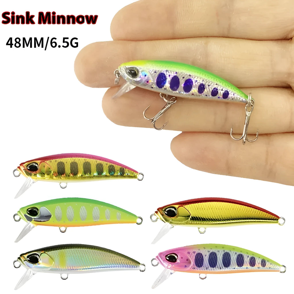 Tossing Japanese Submerged Mino fishing lure in a selection of colours, showing 48mm length and integrated hooks.