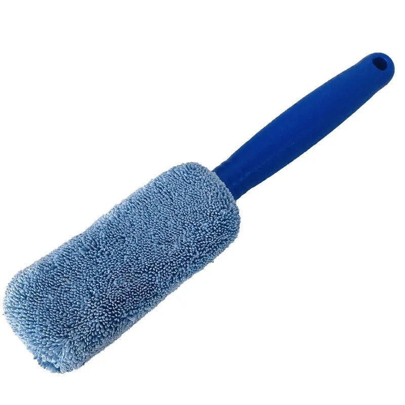 Blue microfiber car tyre brush with extended 45cm handle for wheel cleaning