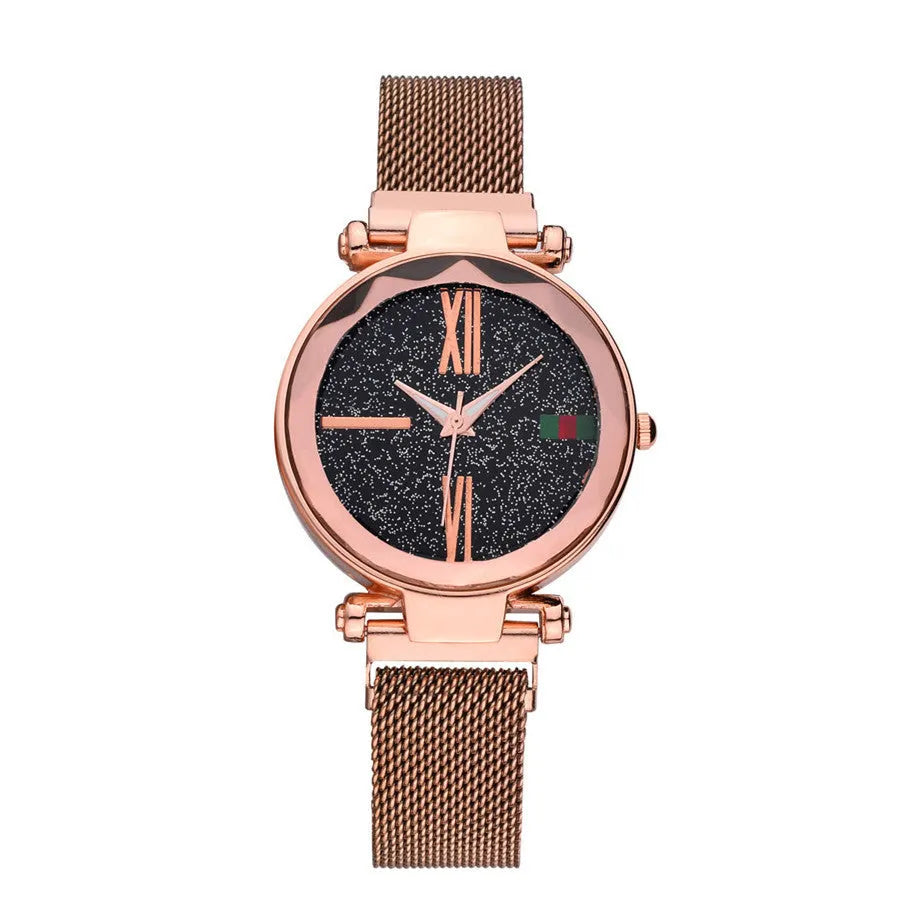Women's quartz wristwatch with magnet band in choice of six colours on wrist