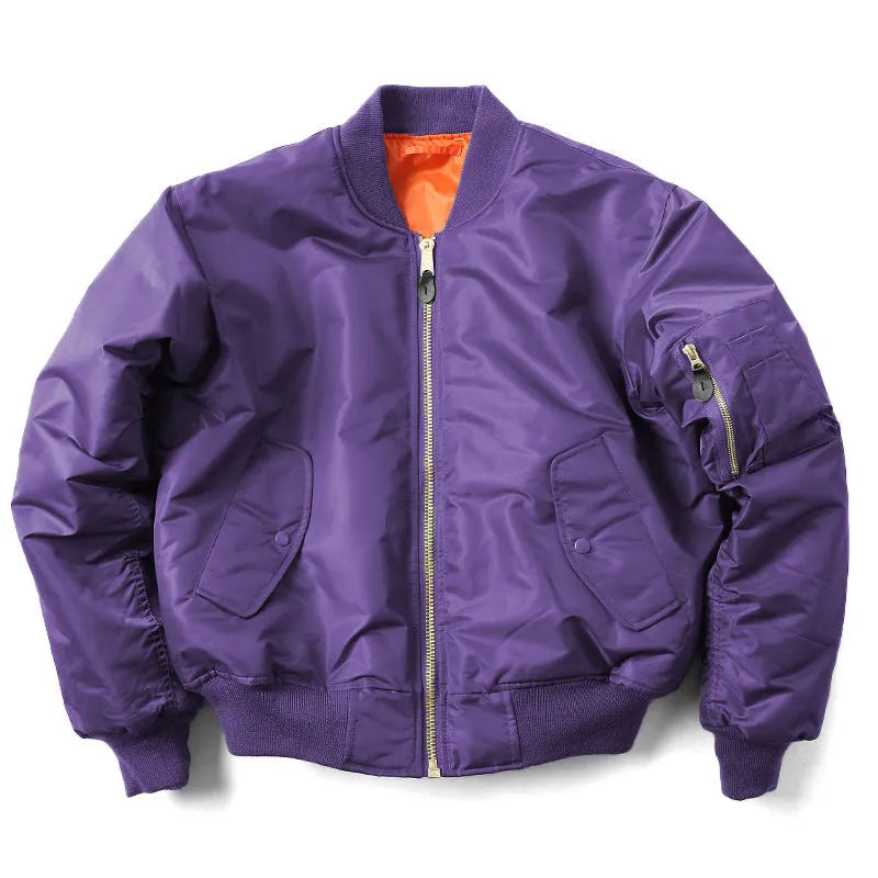 Men's army green cotton-padded pilot jacket with double-sided nylon construction on a hanger.