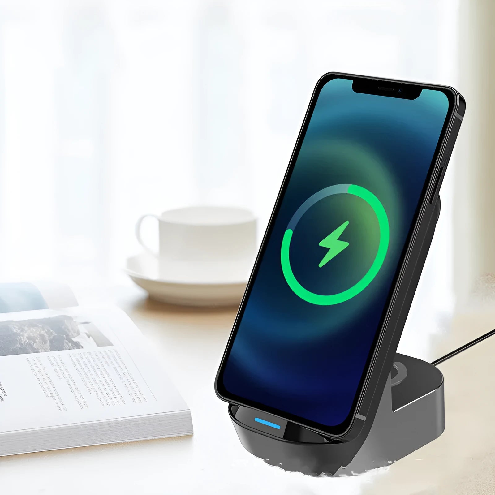 Black-grey foldable 3-in-1 wireless charging stand holding a phone, smartwatch, and earbuds case upright.
