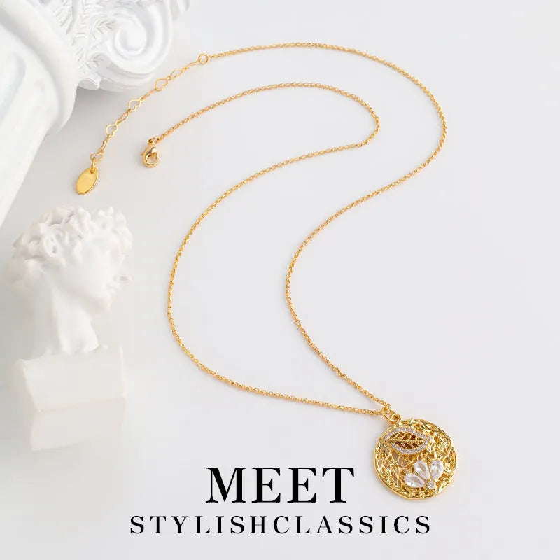 Retro geometric diamond-studded pendant necklace on a regular copper chain, electroplated finish, zircon stones, women's light luxury accessory