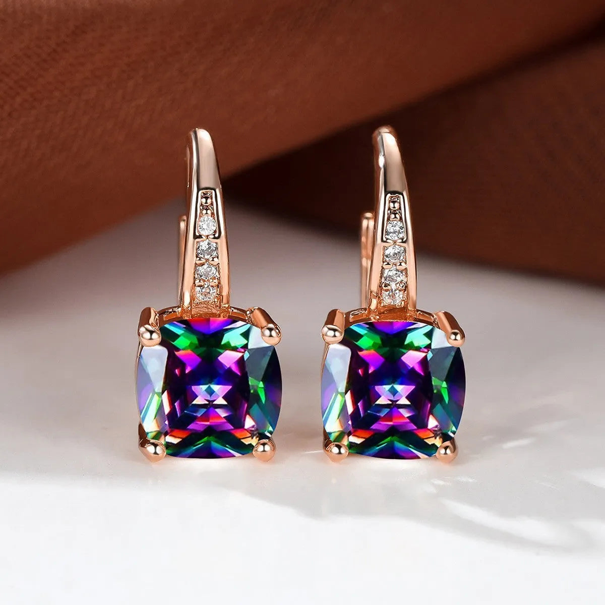 Square geometric ear hooks with round zircon inlays in gold, platinum, or rose gold finish