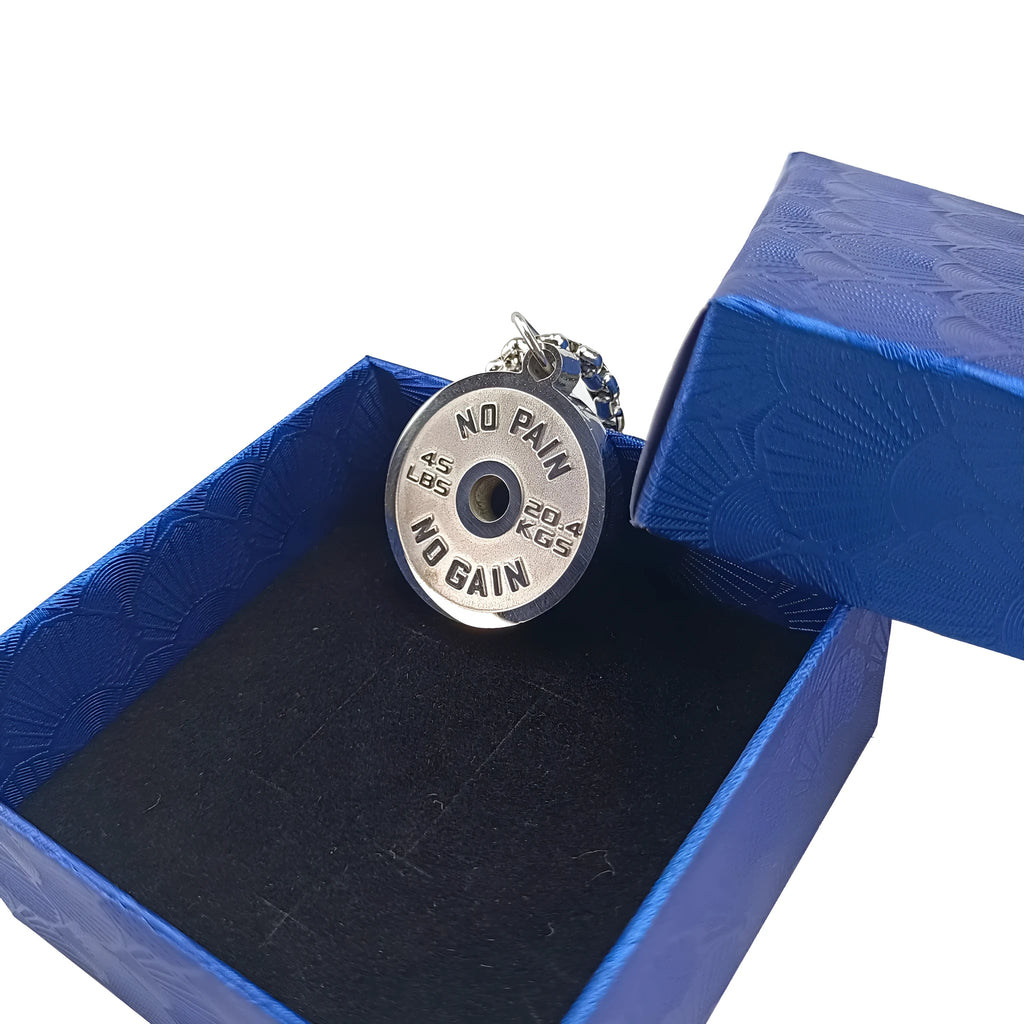 Stainless steel geometric barbell disk necklace on a 60cm chain, showing polished pendant detail.