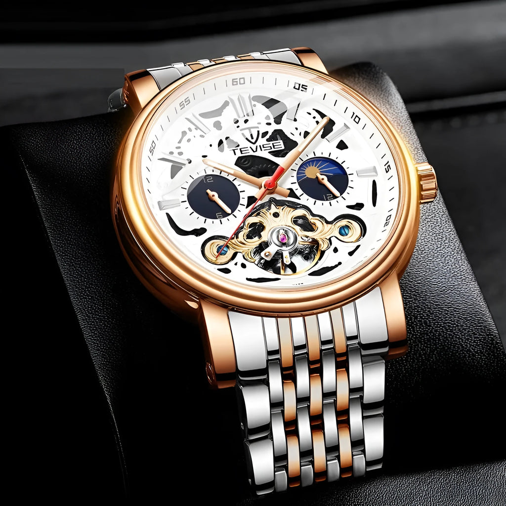Men's black tourbillon mechanical watch with luminous markers on a leather strap.