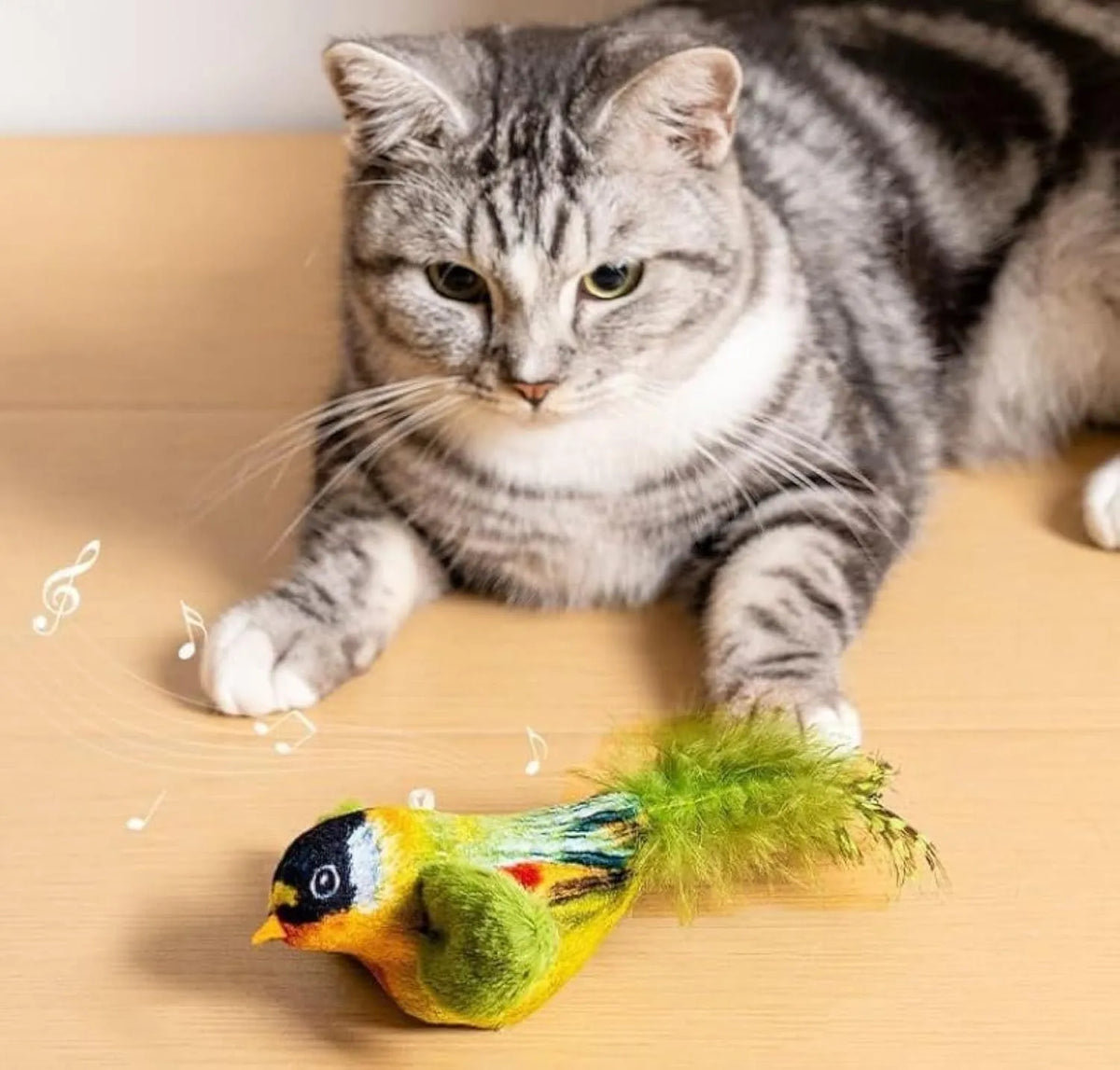 Flappy Chase cat toy with flapping wings and chirping sparrow simulation in Blue, Grey, or Green