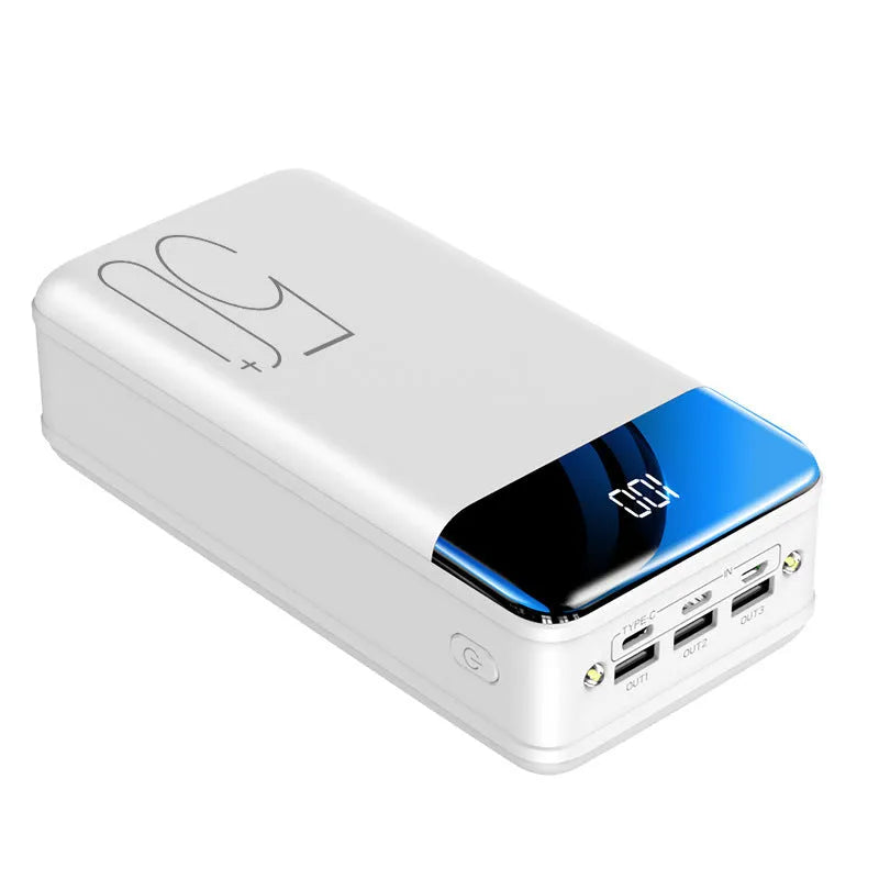 Black and white large 50000mAh portable power bank with three USB ports on the side