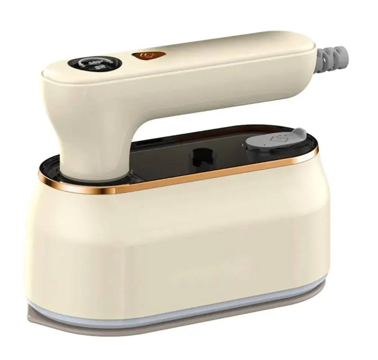 Folding portable steam iron with ceramic soleplate in light purple colour showing compact travel design