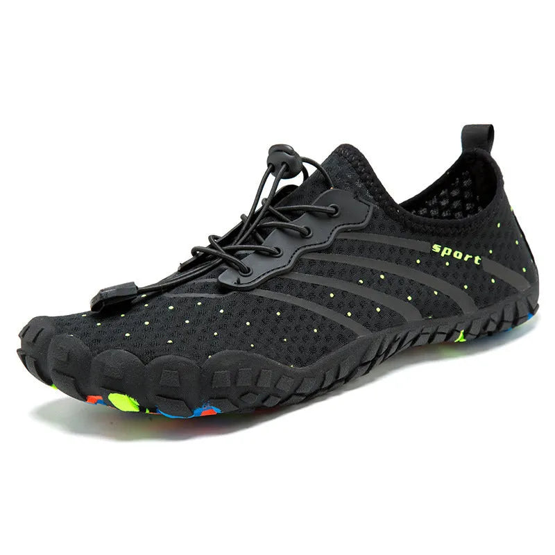 Fast drainage beach swimming shoes with mesh fabric upper and rubber sole in army green colour