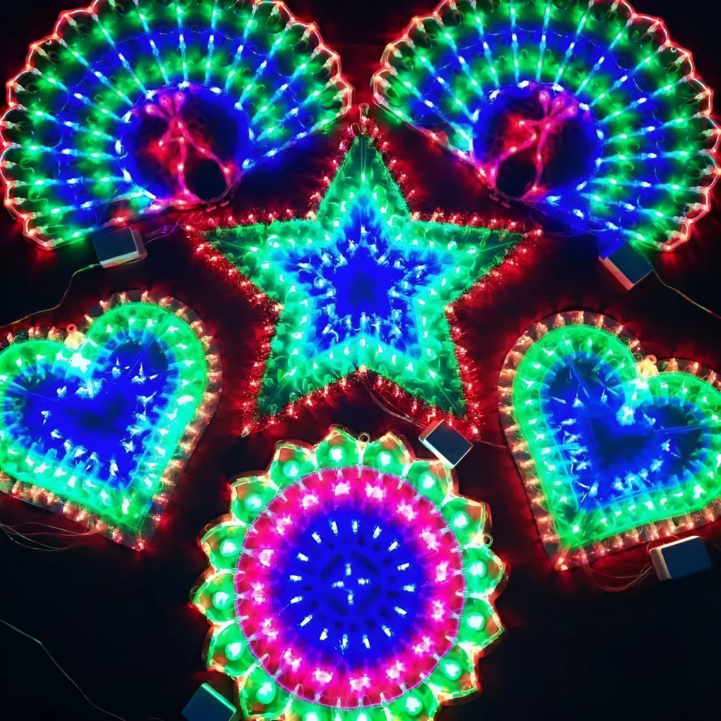 Outdoor decorative string lights with IP44 rating for Christmas festivals in peacock, love, sunflower, or five-pointed star designs