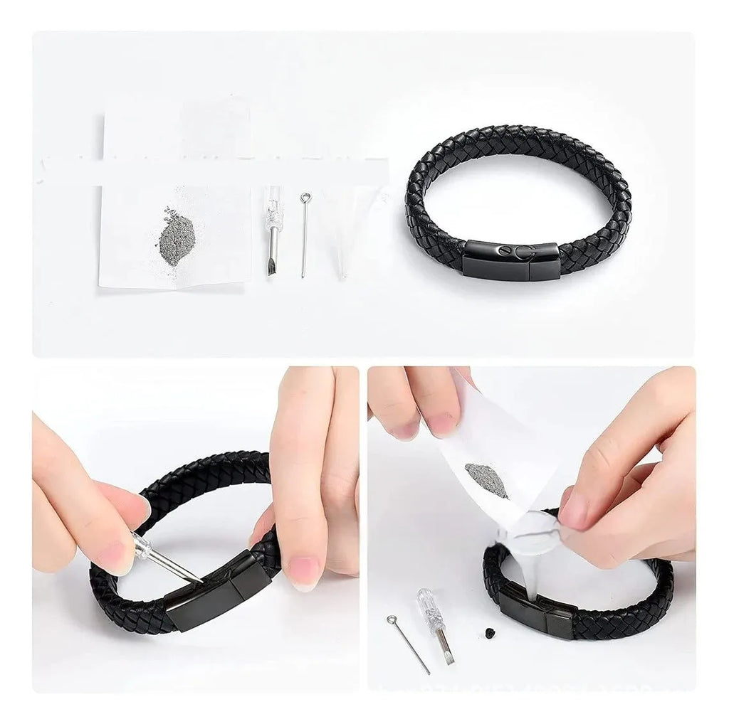 Men's black woven leather bracelet with a stainless steel casket capsule for remembrance.