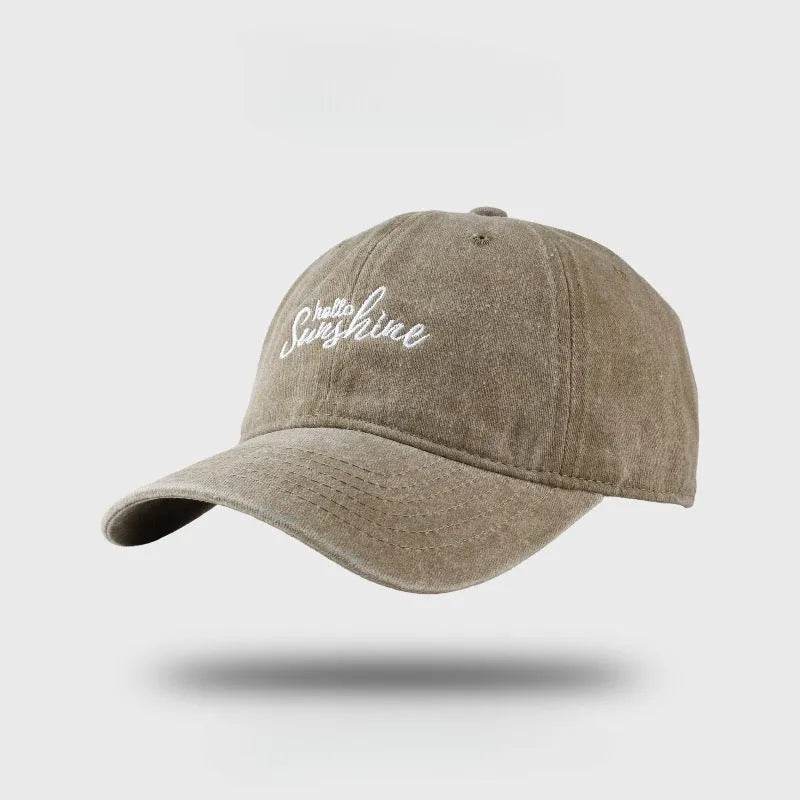 Cotton blend sun protection peaked cap in khaki with embroidered English letters, size M 56-58cm