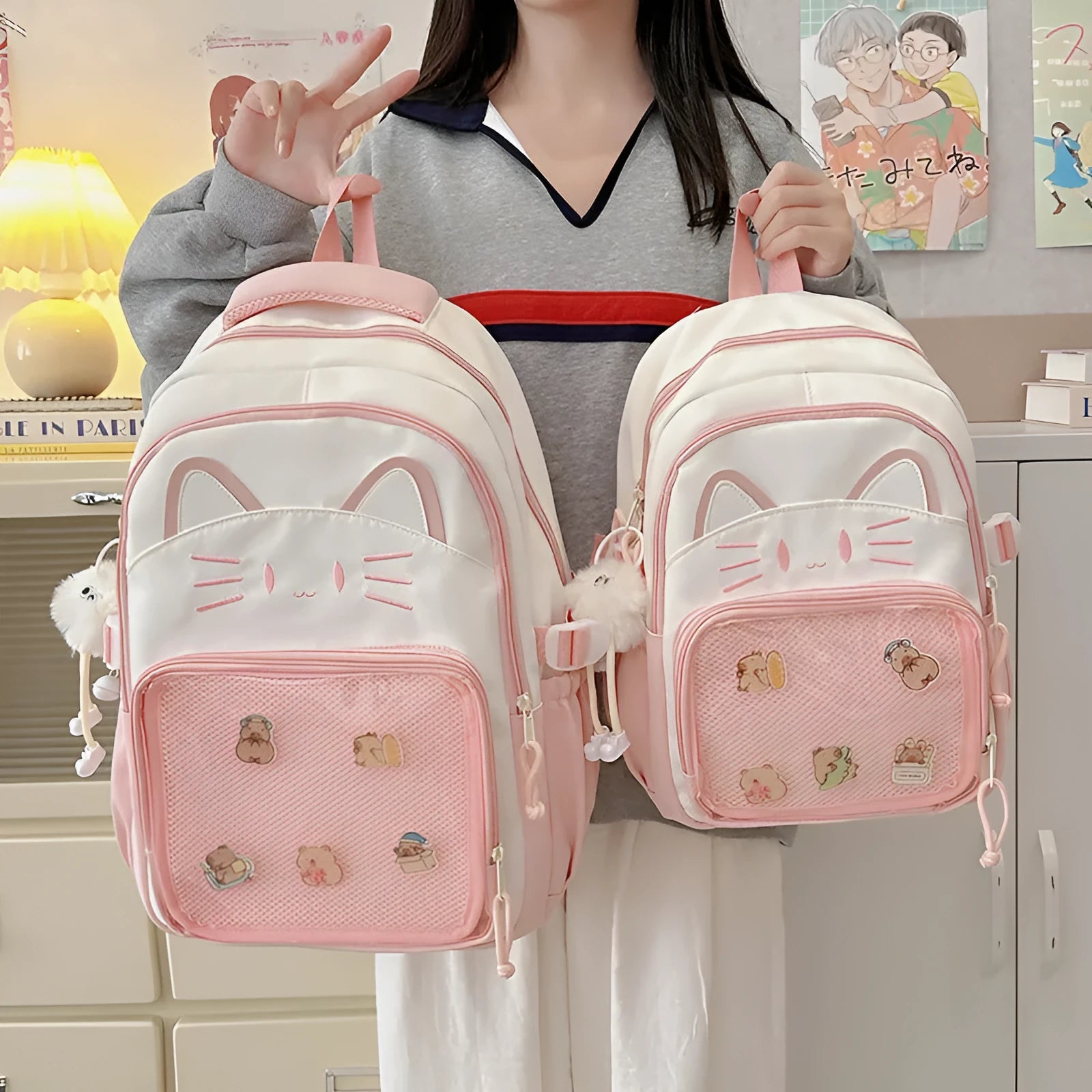 Korean cartoon backpack in nylon with large capacity and curved shoulder straps